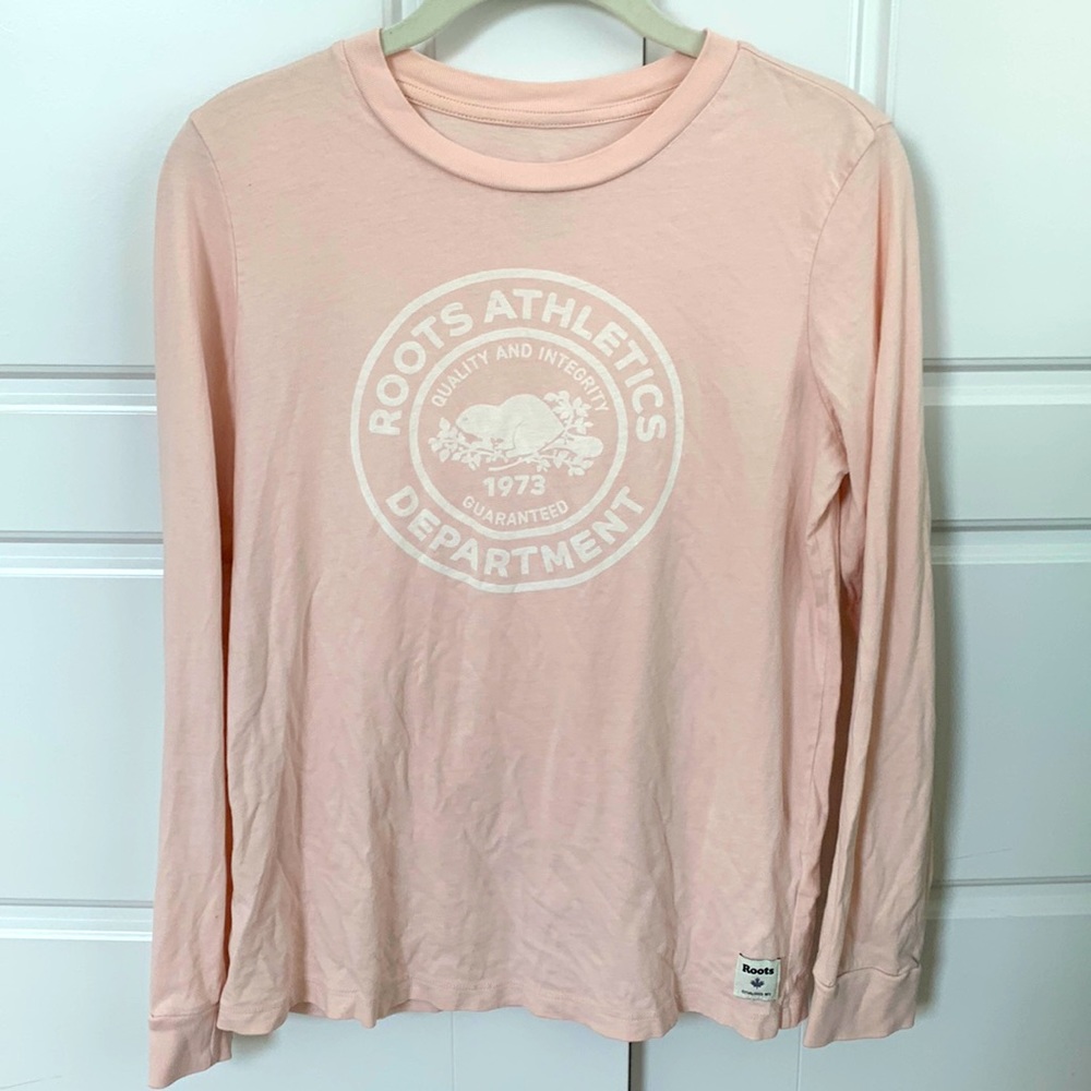 NWOT Roots Logo Long Sleeve T Shirt Pink size S